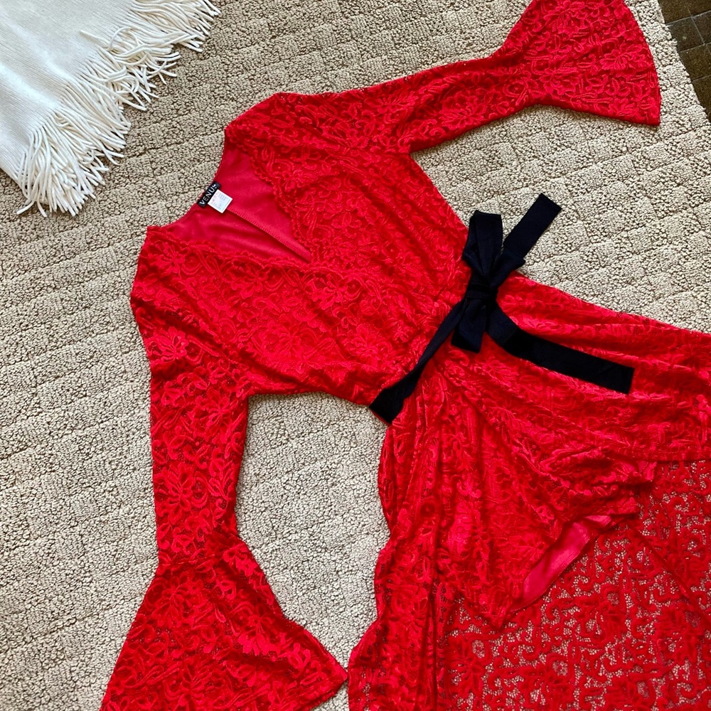 VENUS | Red Lace High Low Romper with a Train, Bow, and Bell Sleeves